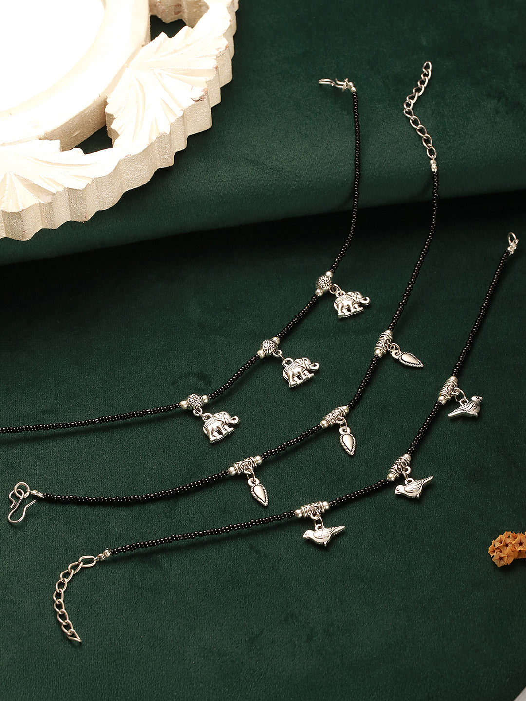 Combo of 3 Black Beads Minimal Thread Bird Elephant leaf Motif Anklet Payal